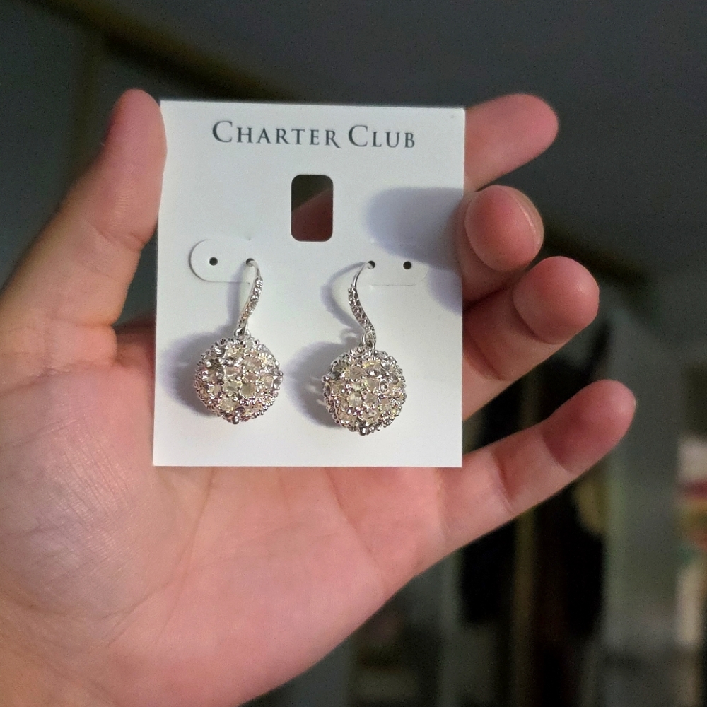 Charter Club Silver Tone Crystal Wire Ball Dangle Earrings NWT